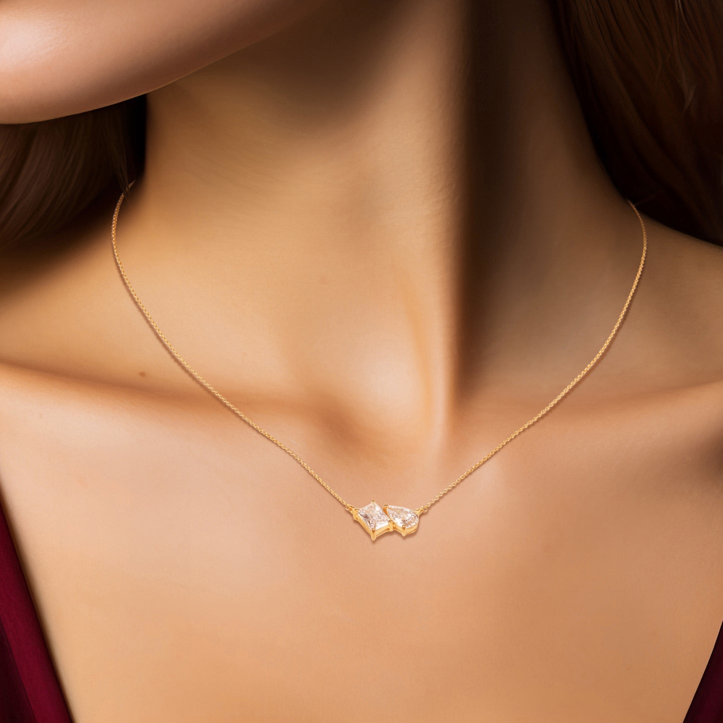18k Gold Vermeil Pear & Emerald CZ Toi et Moi Pendant Necklace