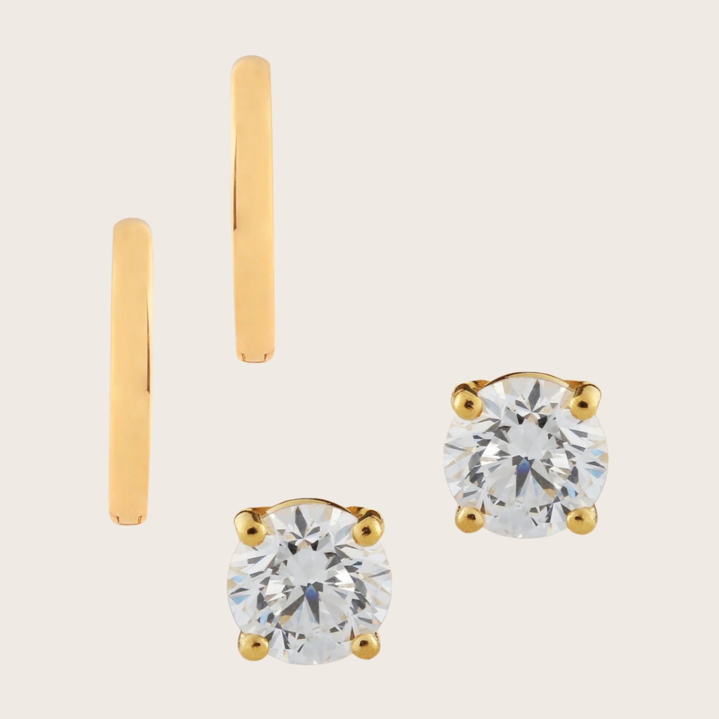 Domed Huggie Hoops & 1ct Lab Grown Diamond Solitaire Stud Earrings Set