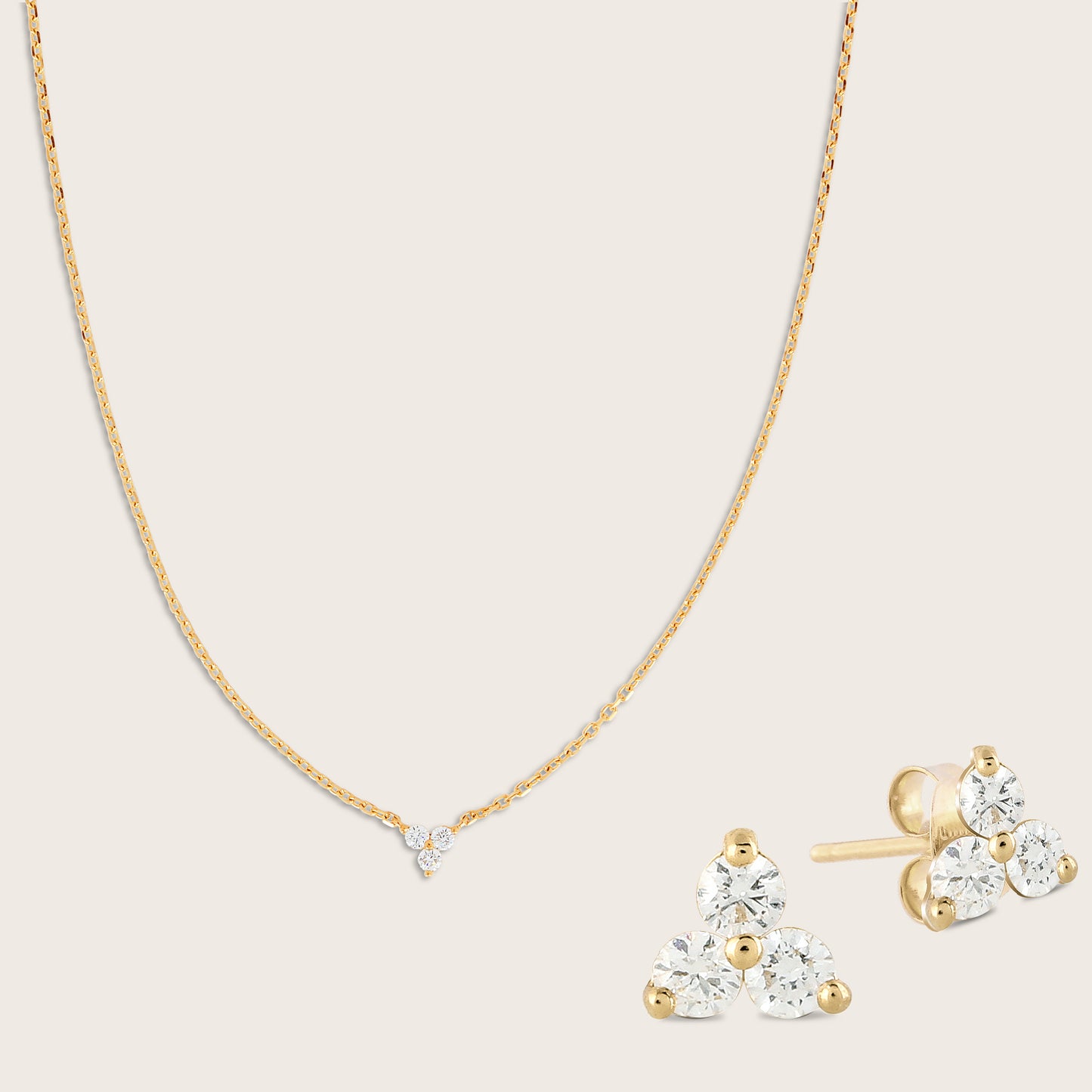 14k Gold Lab Grown Diamond Triplet Stud Earrings & Pendant Necklace Set