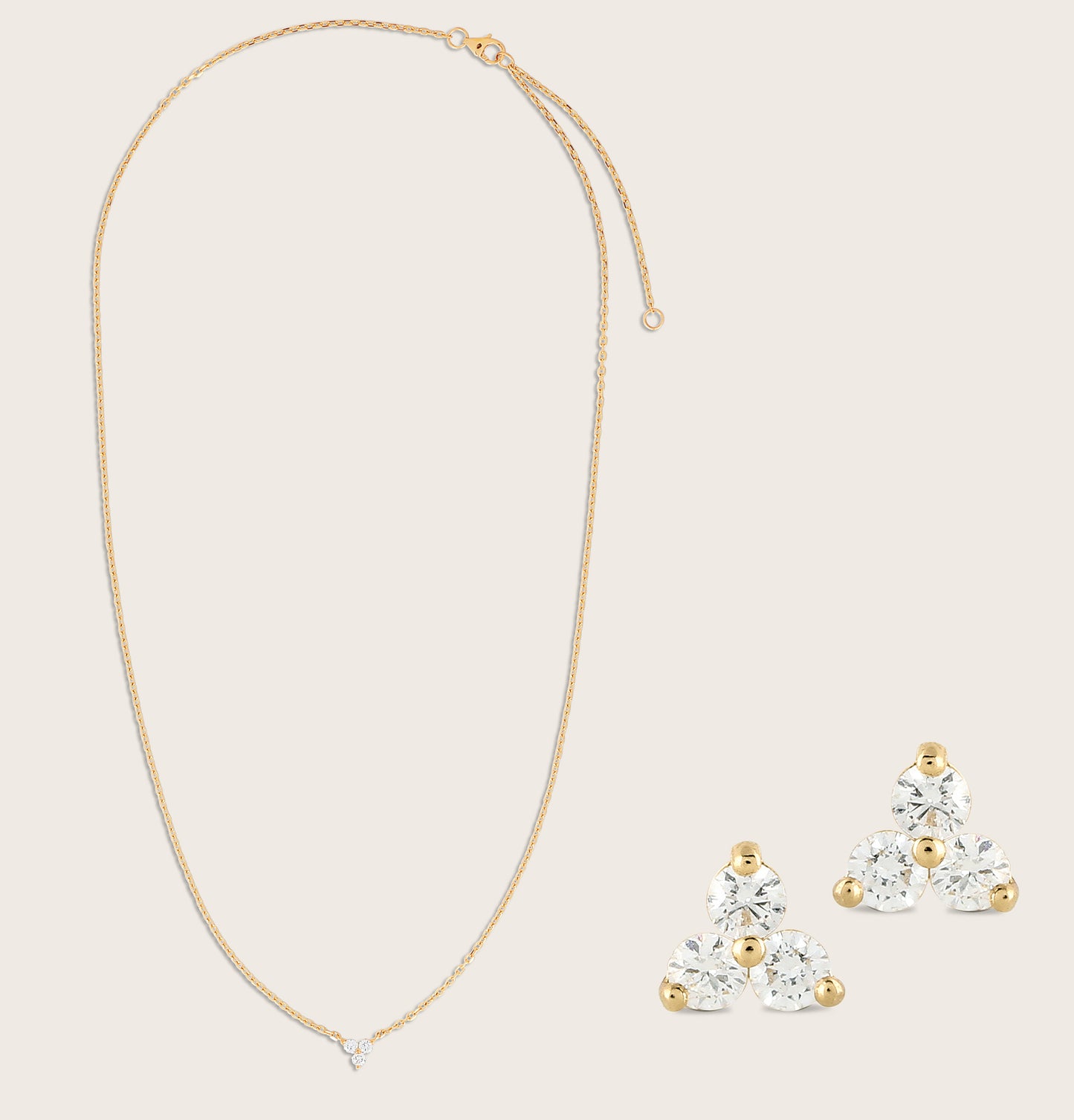 14k Gold Lab Grown Diamond Triplet Stud Earrings & Pendant Necklace Set