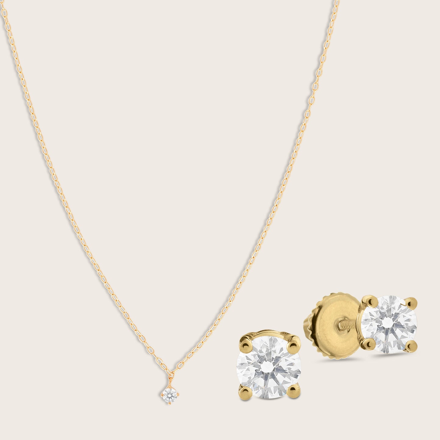 Lab Grown Diamond Solitaire Stud Earrings & Pendant Necklace Set