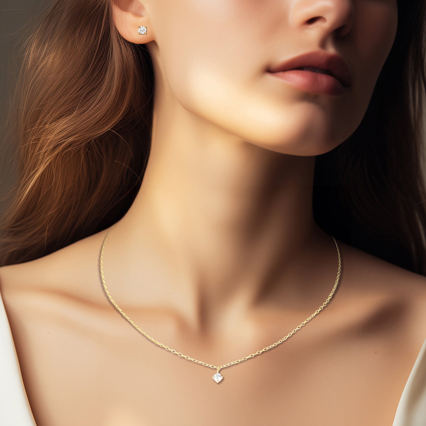 Lab Grown Diamond Solitaire Stud Earrings & Pendant Necklace Set