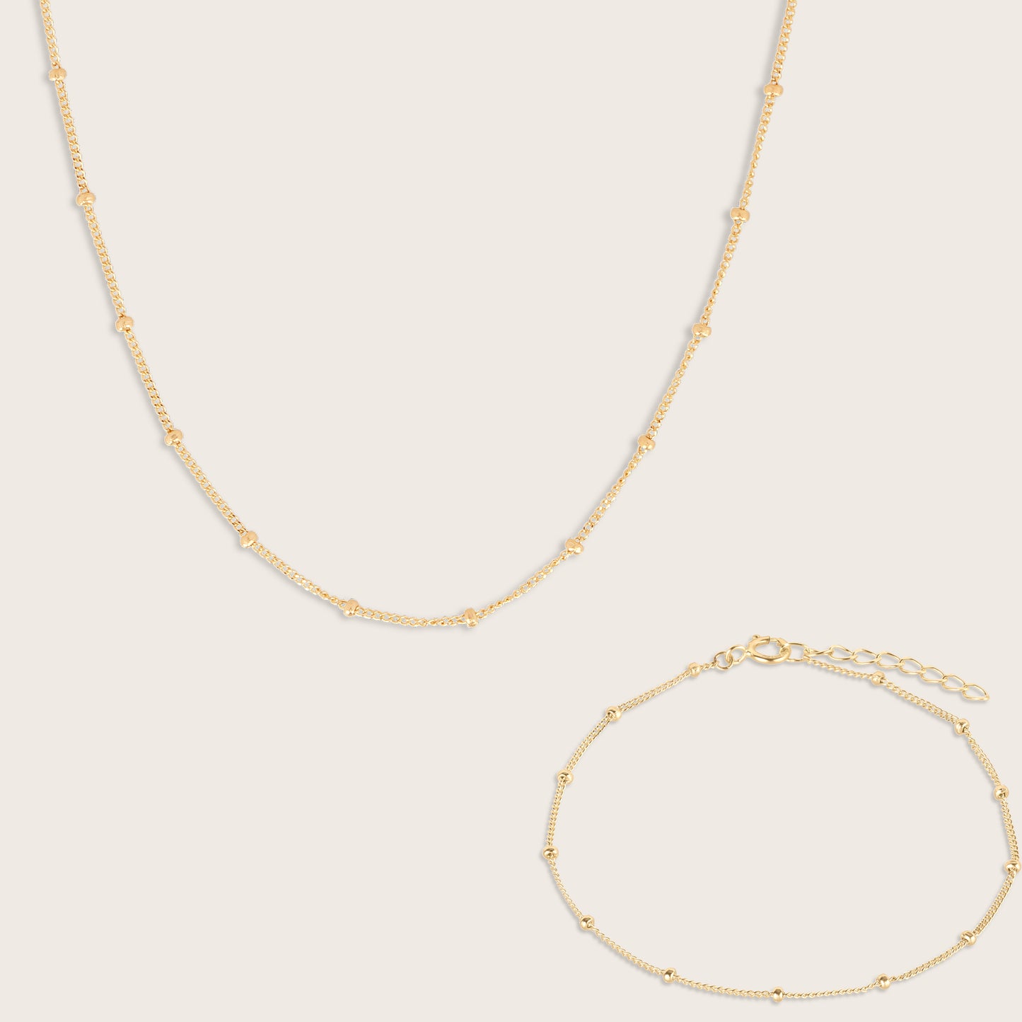 14k Yellow Gold Beaded Chain Bracelet and Necklace Set